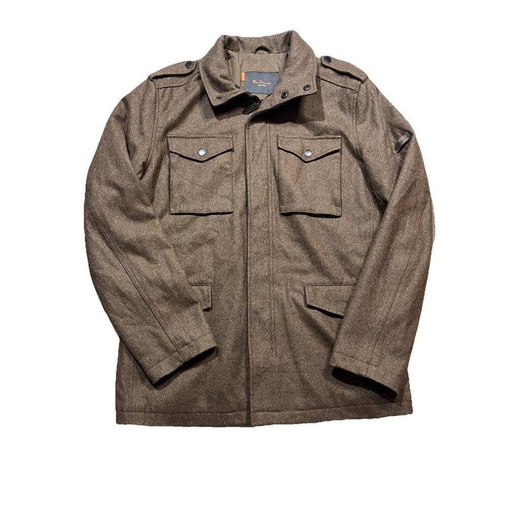 Ben Sherman Wool Blend Peacoat Lined Jacket Military Style M Brown Snap Over Zip